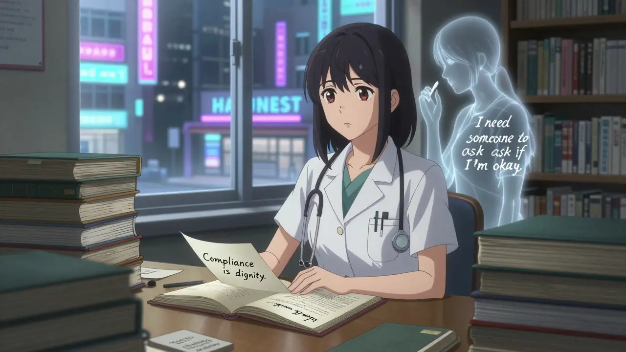 Medical student surrounded by patient memoirs, handwritten note 'Compliance is dignity' visible, ghostly figure of a diabetic woman whispering nearby.