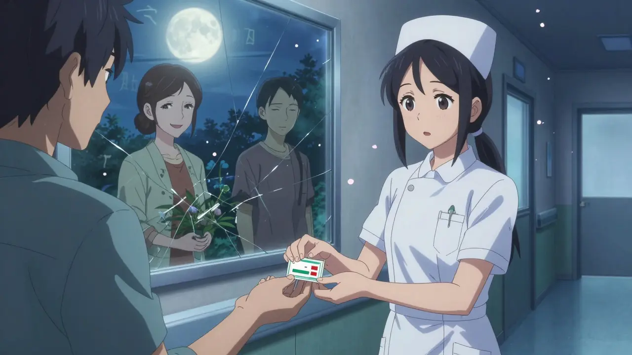 Nurse handing generic medication to man, fractured mirror showing three versions of his mother — smiling, silent, and singing again in moonlight.