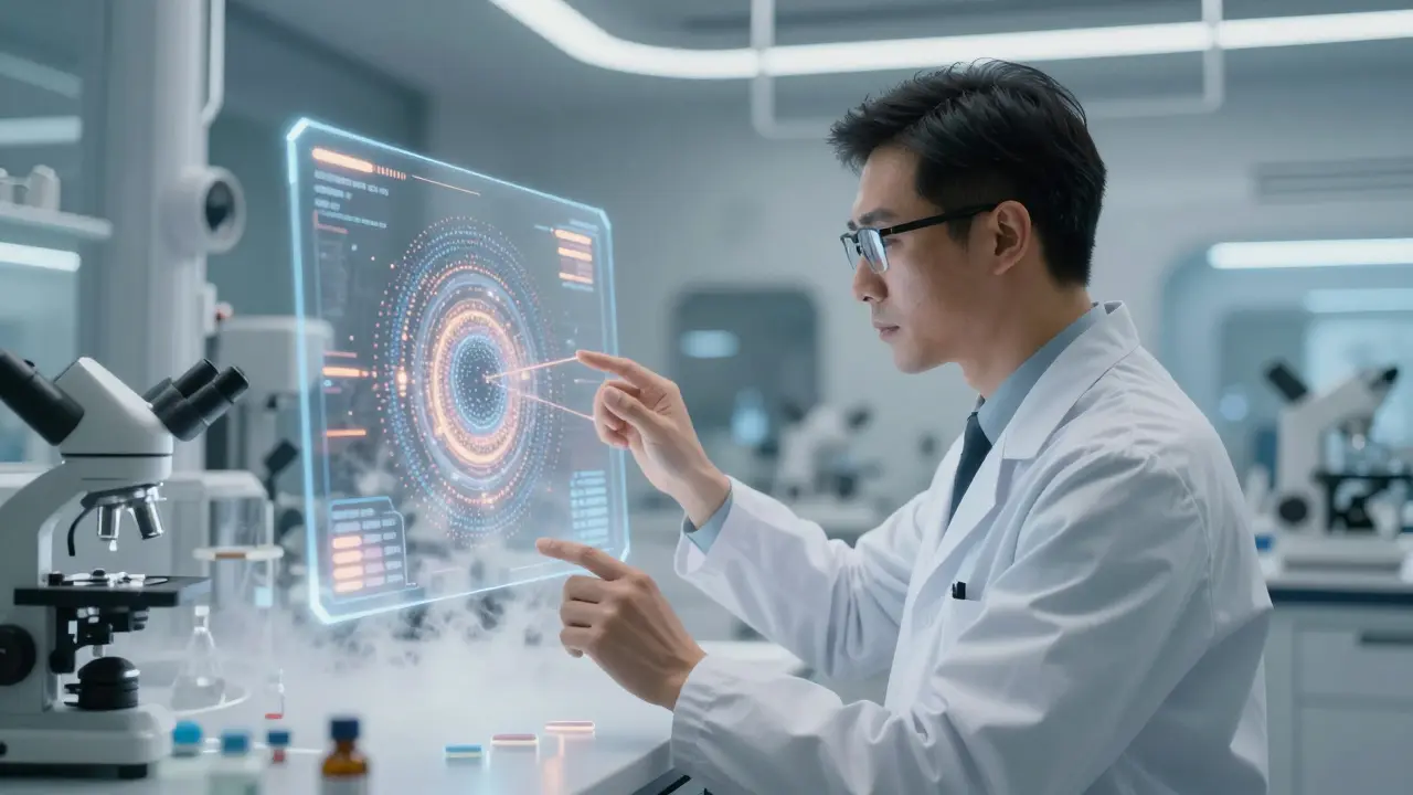 Researcher viewing particle simulation in futuristic lab