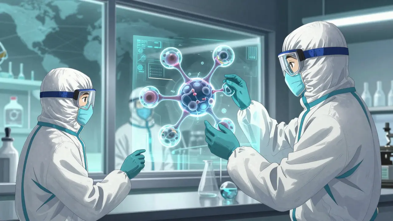 Scientists examining complex biological molecules in a modern laboratory