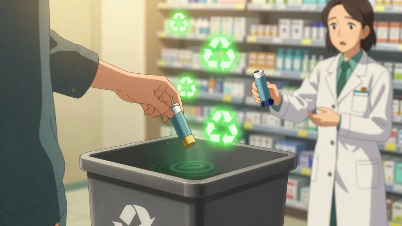 Someone disposing of an expired inhaler in a pharmacy take-back bin as a pharmacist offers a replacement, glowing safety symbols rising nearby.