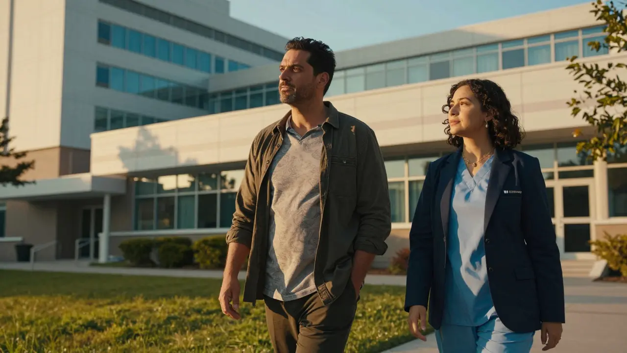 Survivor walking with support advocate outside clinic