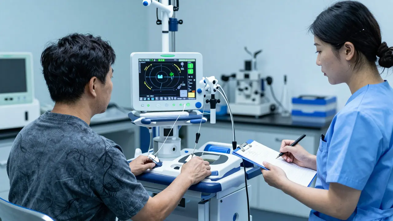 Volunteer connecting to medical monitoring device