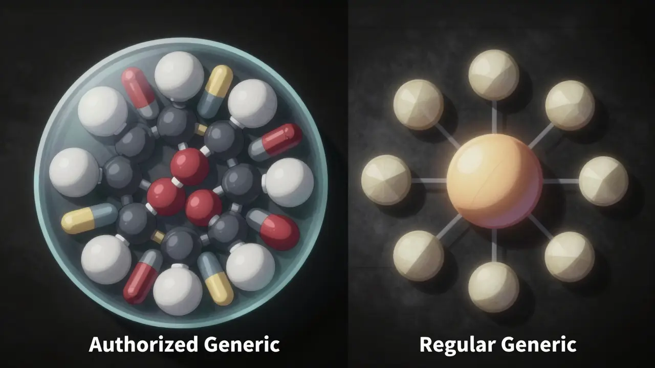 A conceptual split view comparing the molecular structures of authorized and regular generic pills.