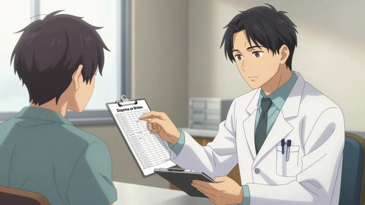 A doctor and patient discussing medication options in a clinical consultation office.