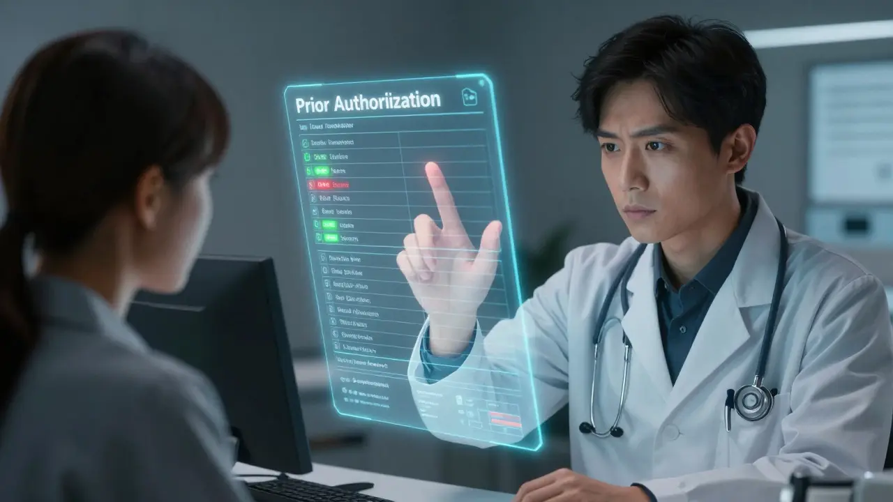 A doctor explaining a medication formulary to a patient using a holographic interface in anime style.