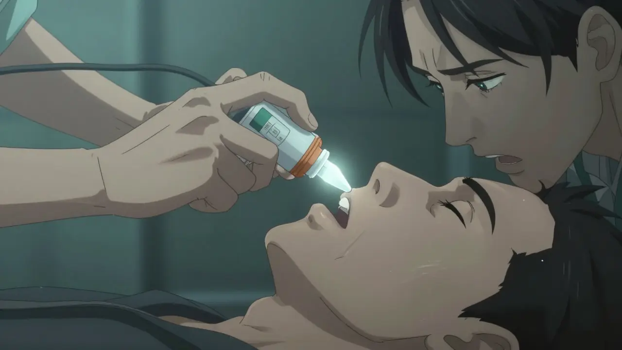 Close-up of a person administering Naloxone to an unconscious individual in a dramatic anime style.