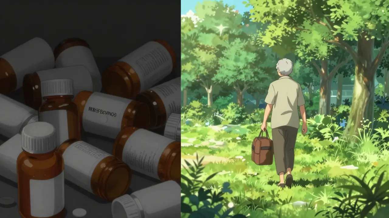 Comparison between a pile of medicine and an elderly person enjoying a sunny day in Seinen anime style.