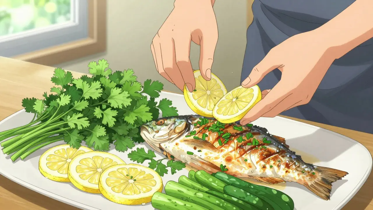 Detailed meal prep with fresh herbs and lemon as salt alternatives for a healthy diet.