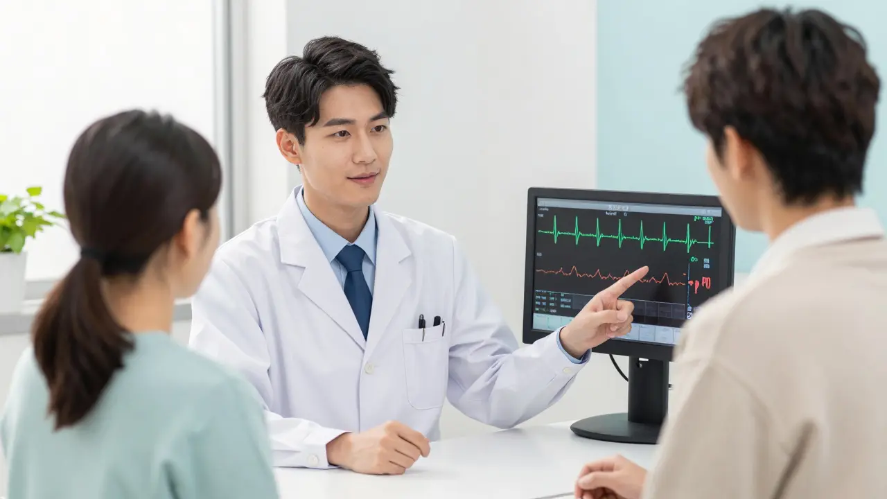 Doctor and patient discussing heart health in a bright clinic, Seinen anime style.
