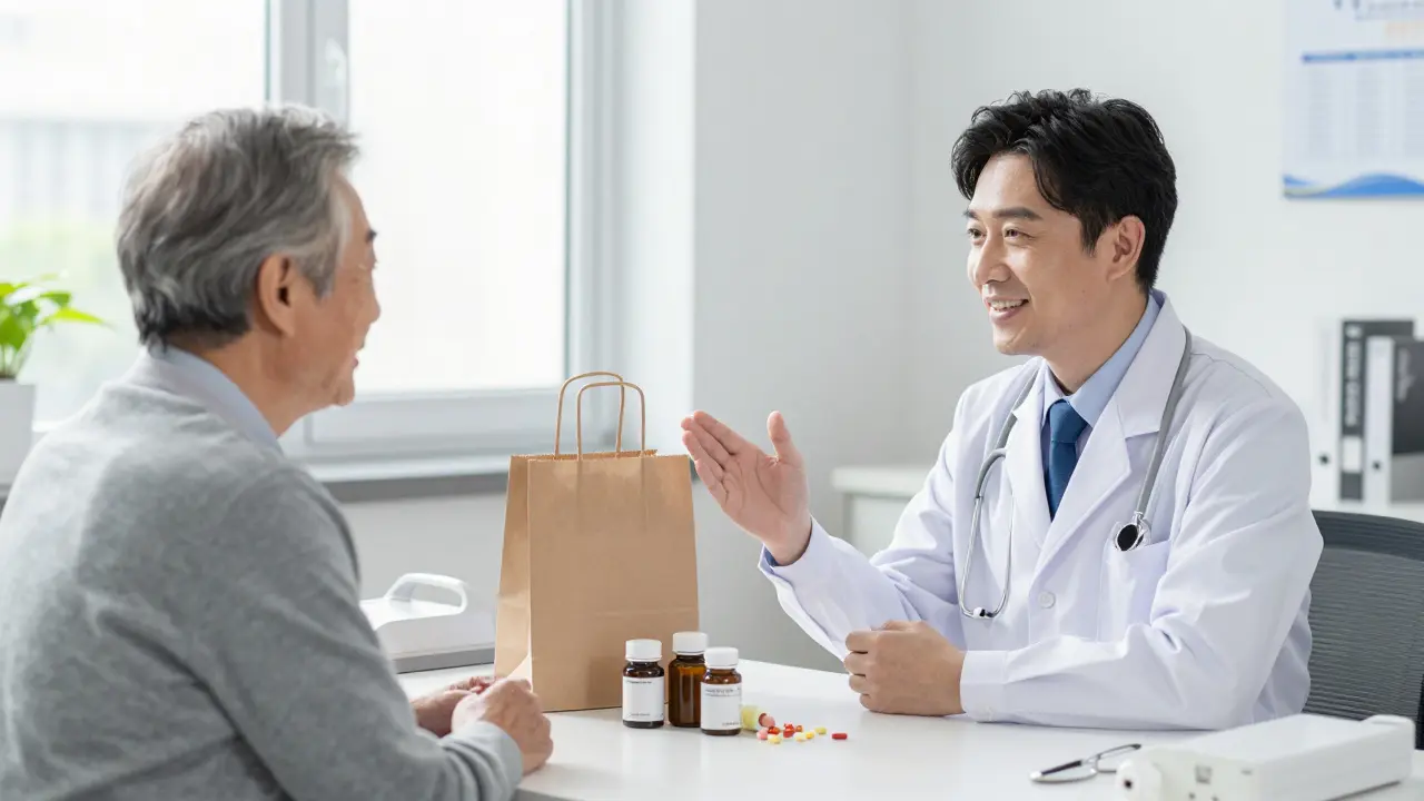 Doctor and patient reviewing medications from a brown paper bag on a desk in Seinen anime style.