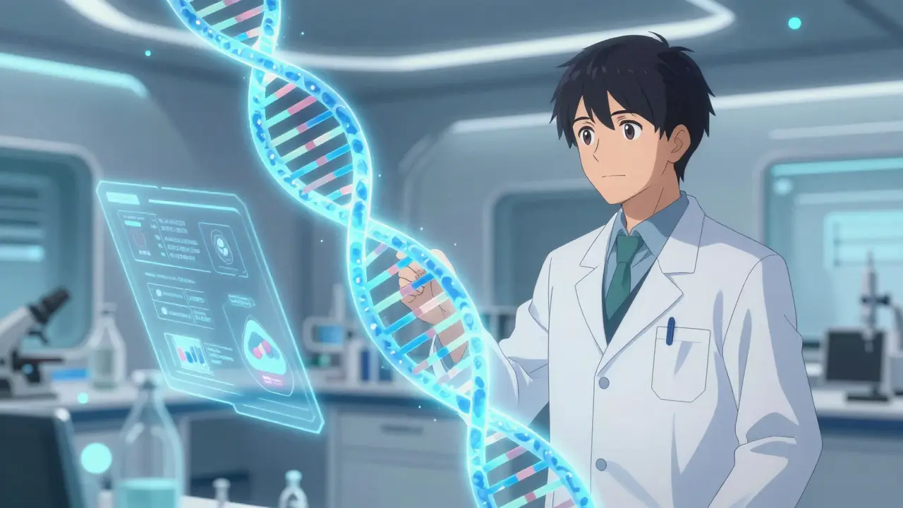 Futuristic anime visual of a DNA hologram and personalized medical data on a screen.