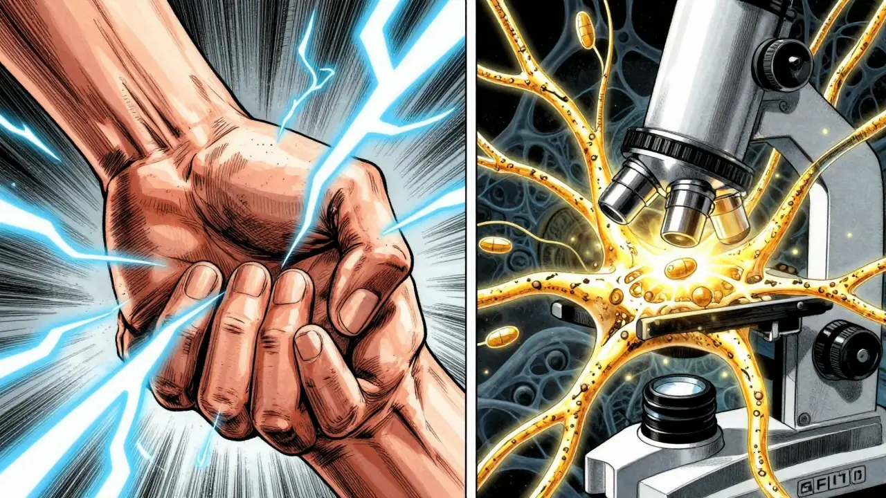 Split image showing muscle pain versus protected neurons in detailed manga style.