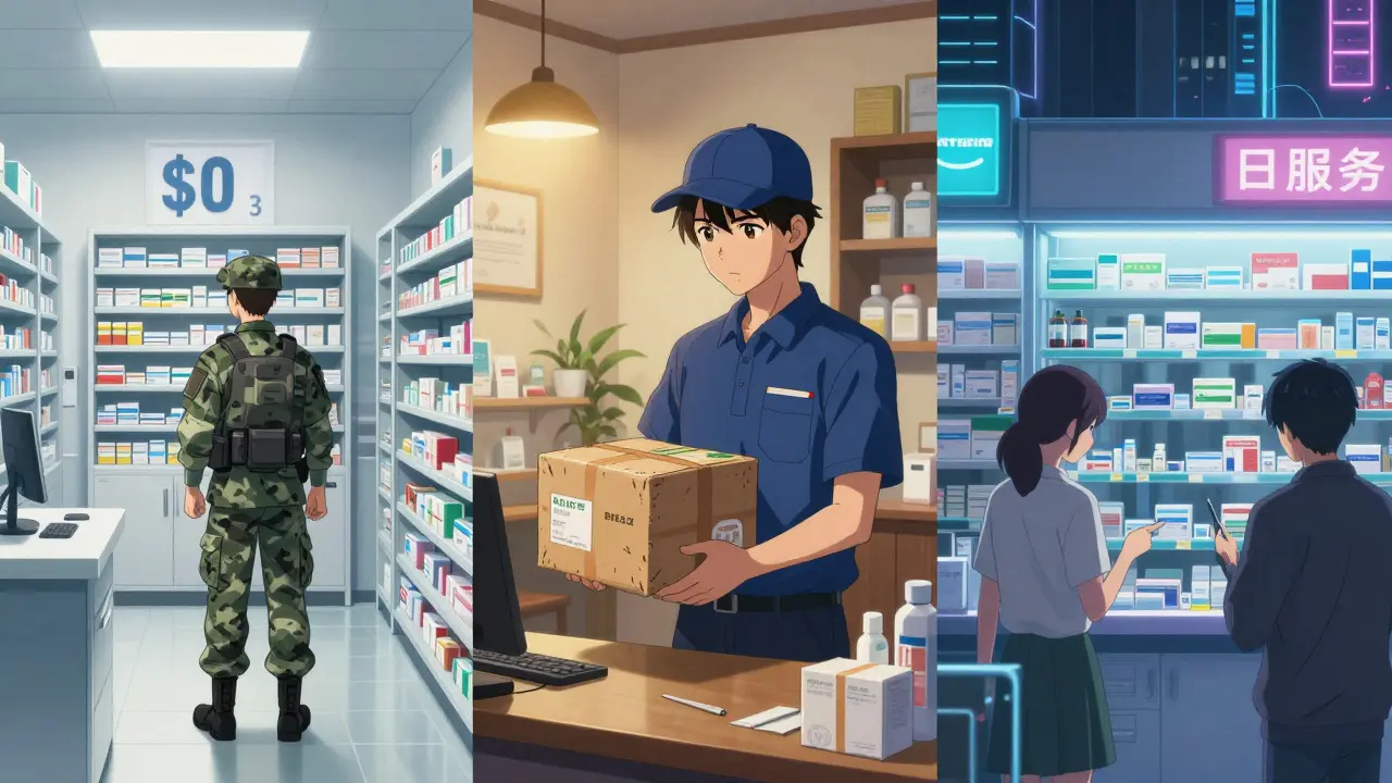 Split screen showing a military pharmacy, home delivery, and a retail pharmacy in anime style.