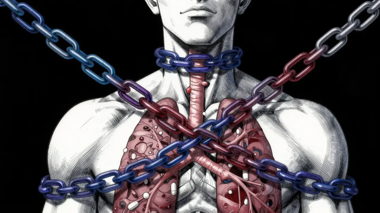 Symbolic chains tightening around a silhouette's chest representing a triple substance threat.