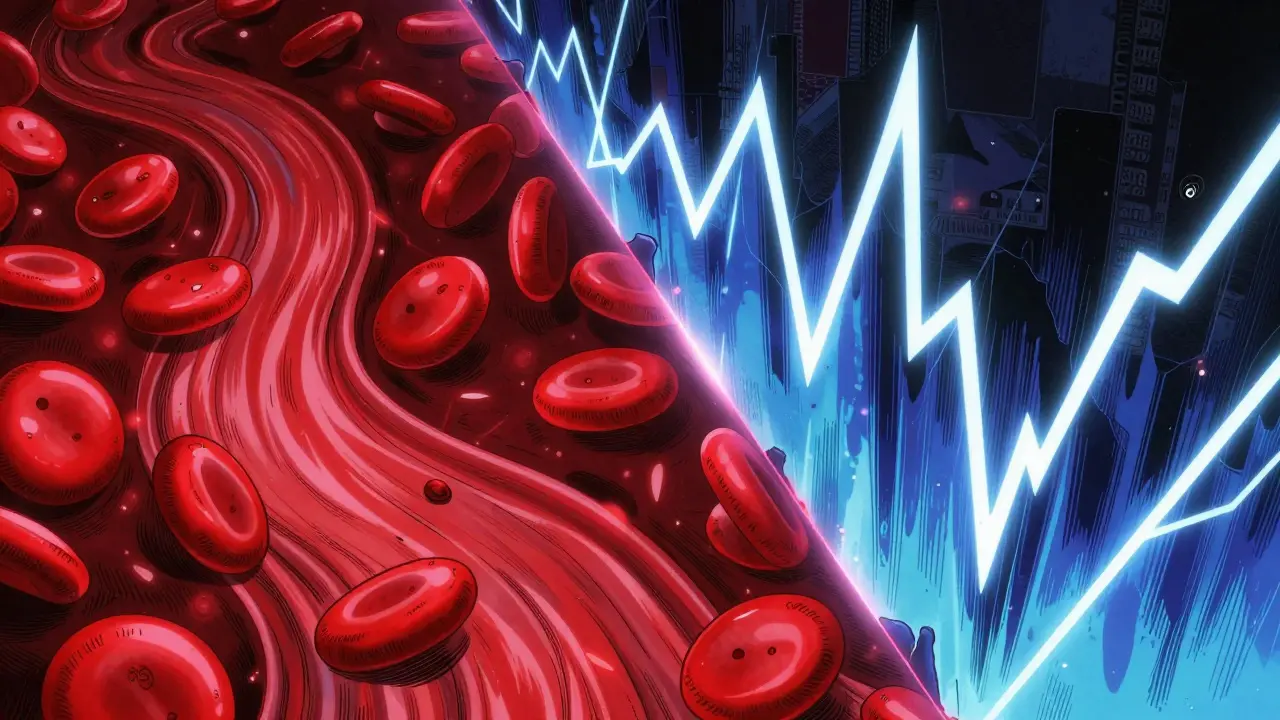 Abstract art contrasting smooth A1C flow with jagged glucose spikes
