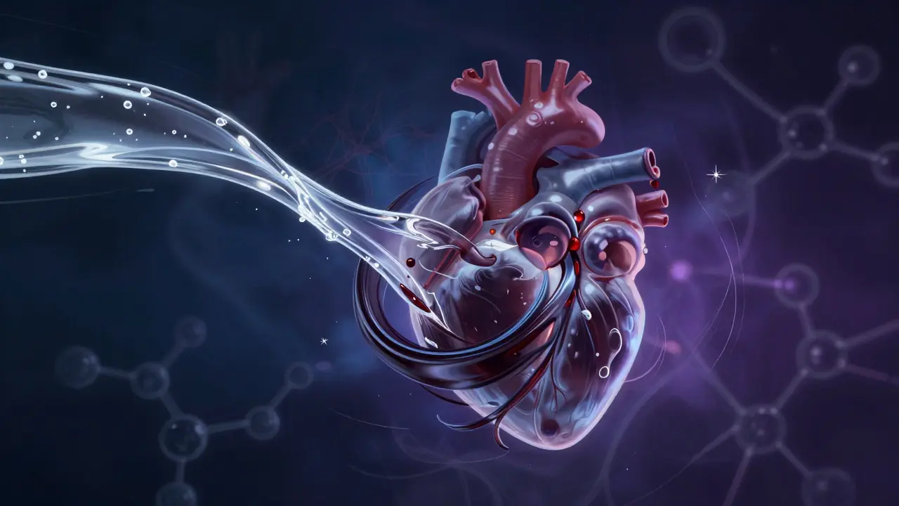 Abstract art of merging liquids forming a vortex around a heart, representing dangerous drug interactions.