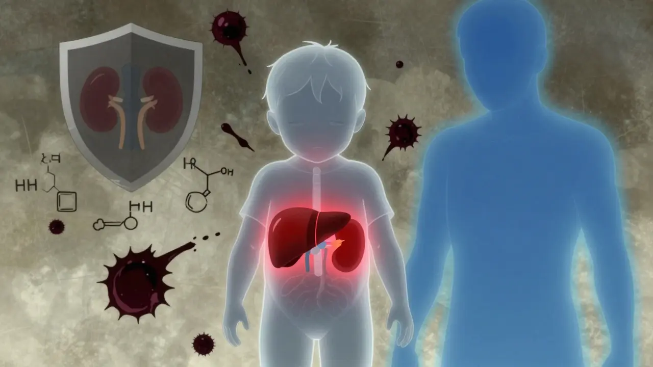 Abstract illustration of drug toxicity risks in young children