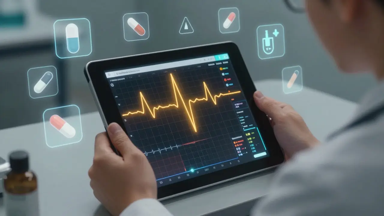 Close-up of hands holding a tablet showing an ECG graph, surrounded by medication and electrolyte icons.