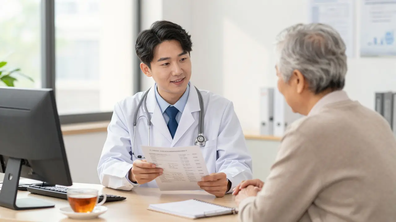 Doctor and patient reviewing meds in clinic, anime illustration