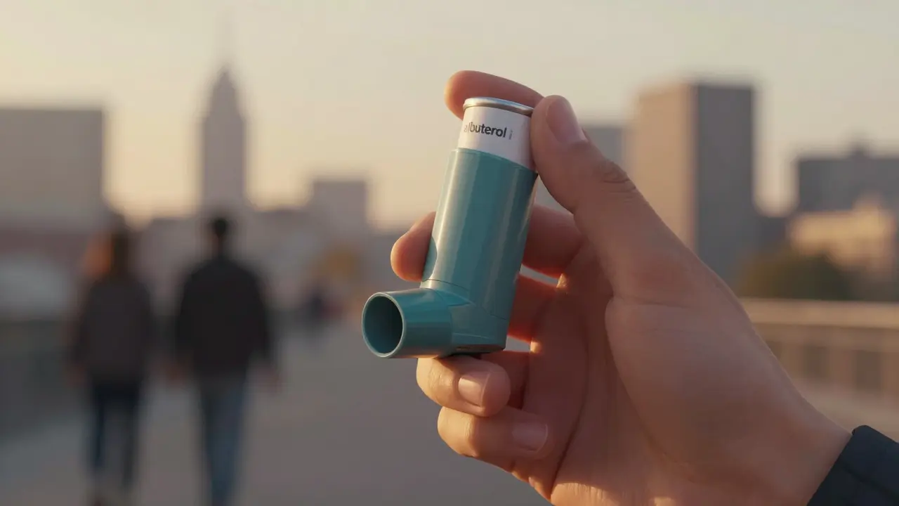 Hand holding a generic albuterol inhaler against a warm city sunset.