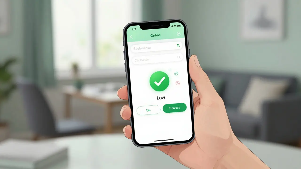 Hand holding phone showing secure online medication purchase in anime style