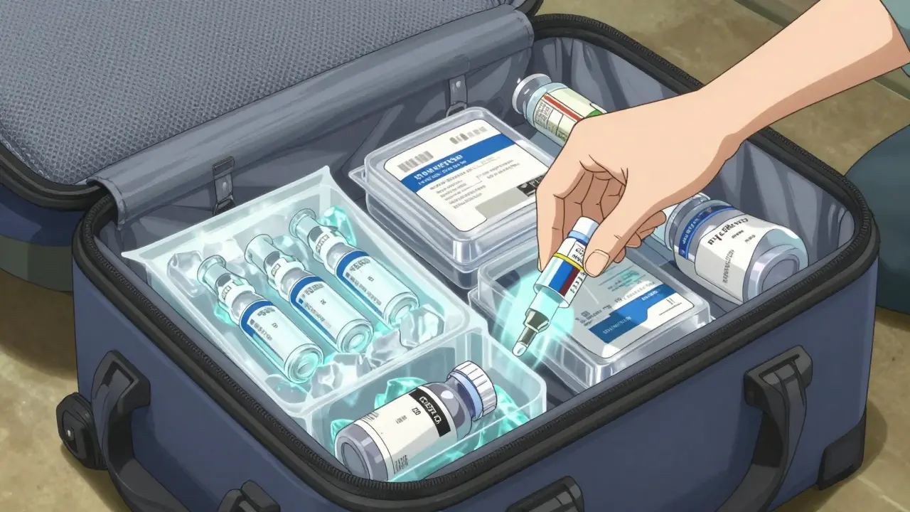 Insulated cooler bag with insulin and ice packs in a carry-on suitcase