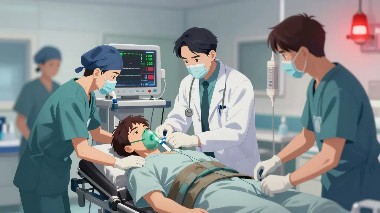 Medical team treating overdose patient in emergency room