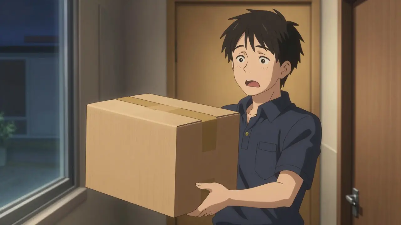 Person receiving a secure medication delivery package at door