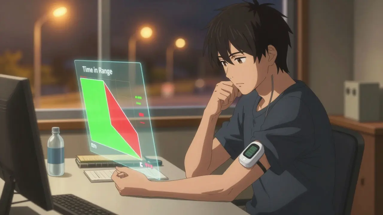 Person reviewing CGM sensor with floating time-in-range graphics