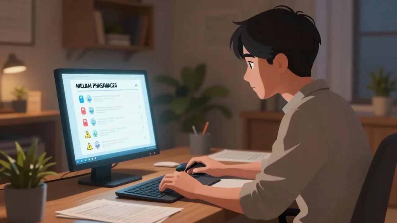 Person verifying safe online pharmacy details on laptop