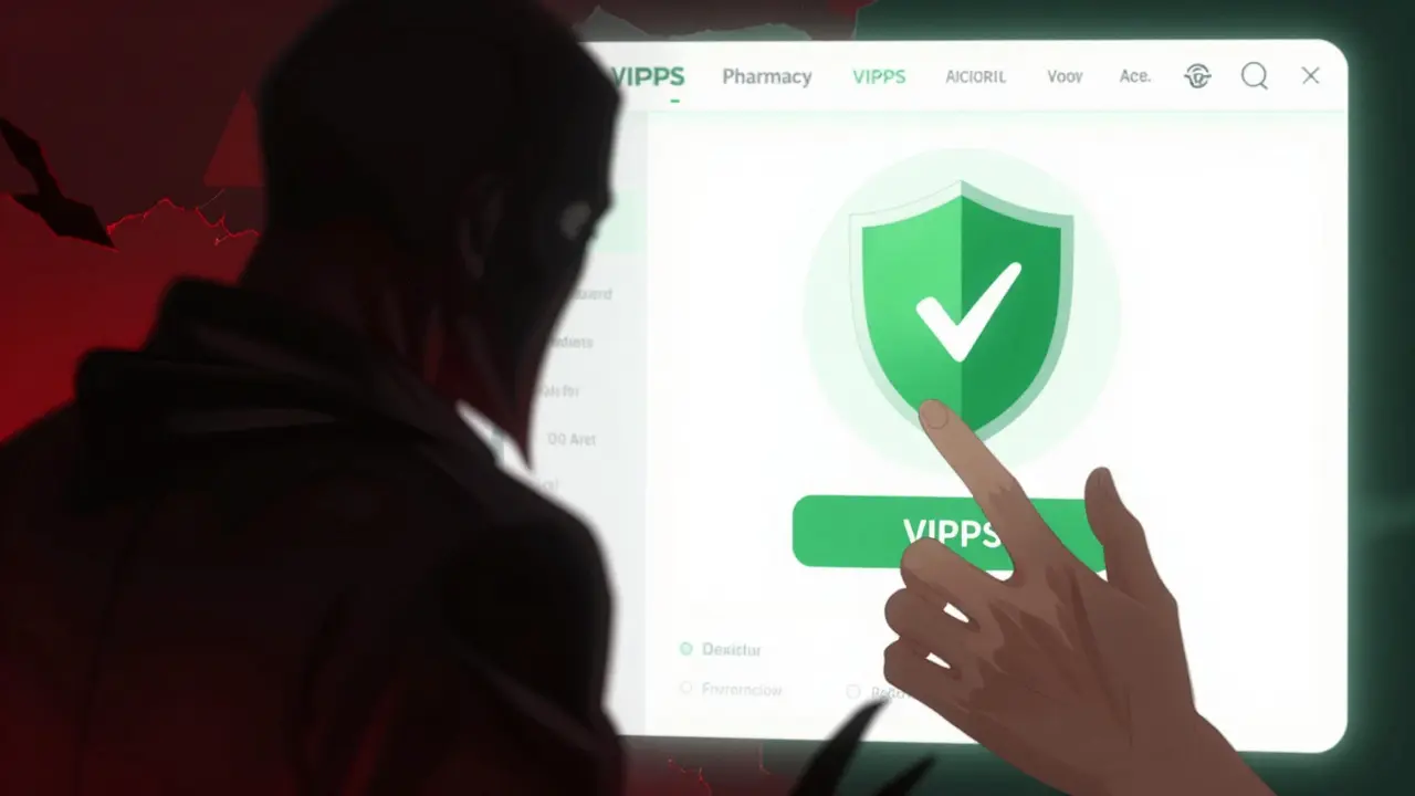 Split screen showing unsafe vs verified online pharmacy options