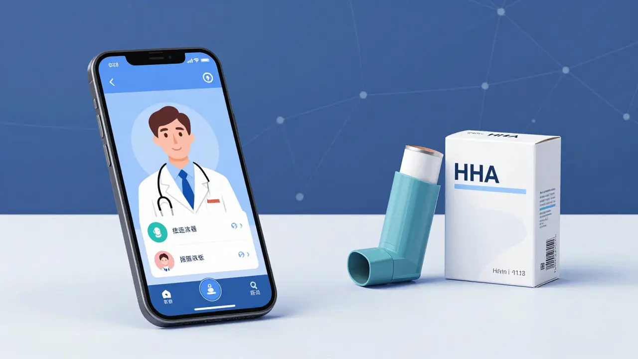 Split view of telemedicine app and generic inhaler on a clean desk.