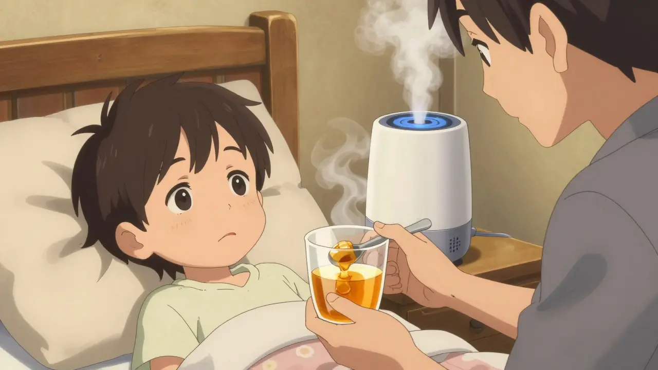 Toddler receiving honey remedy for cough from caring parent