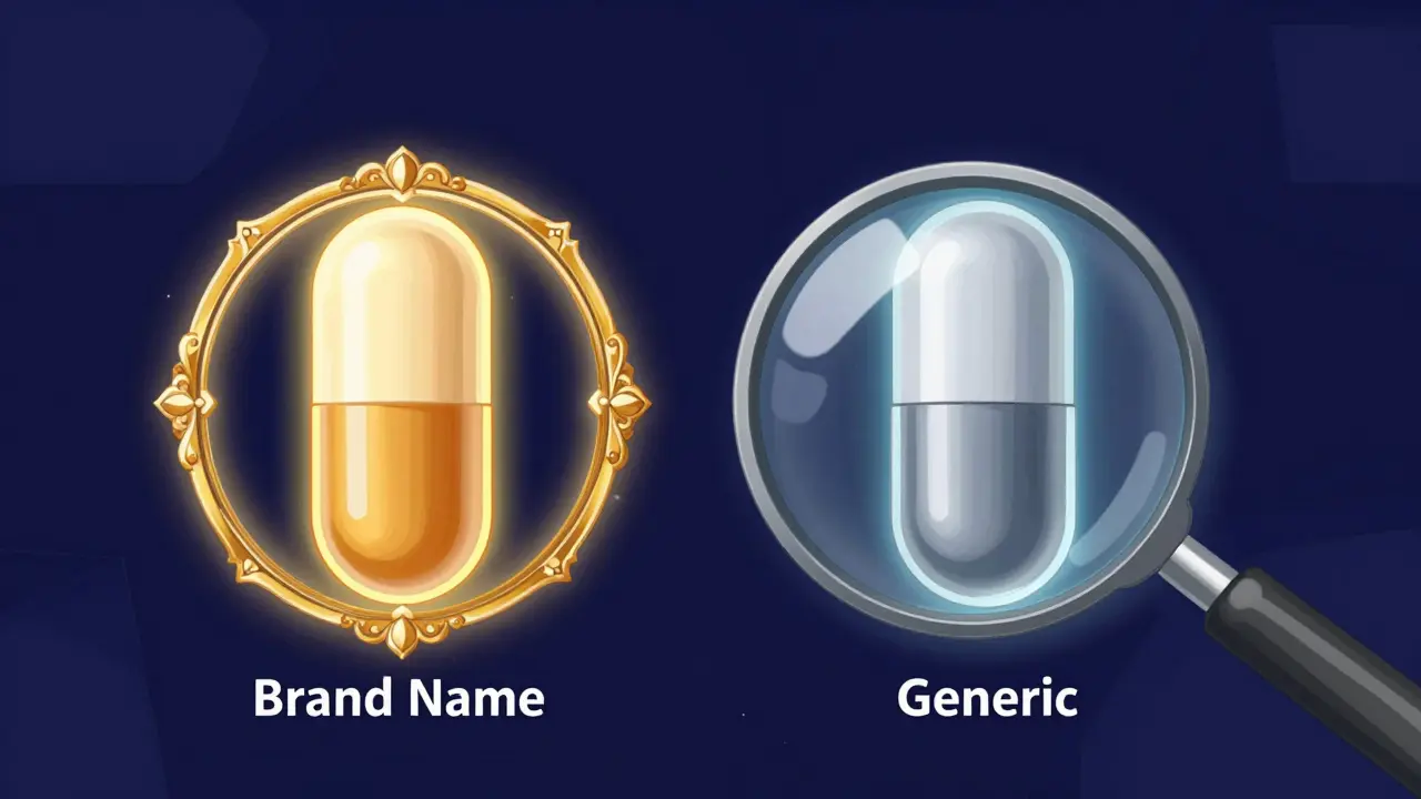 Two identical pills compared under a magnifying glass in seinen anime art