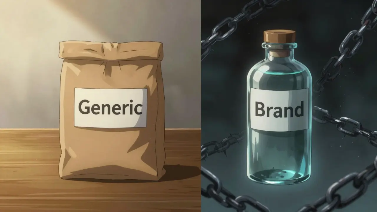 Visual contrast between cheap generic drug and expensive brand name drug