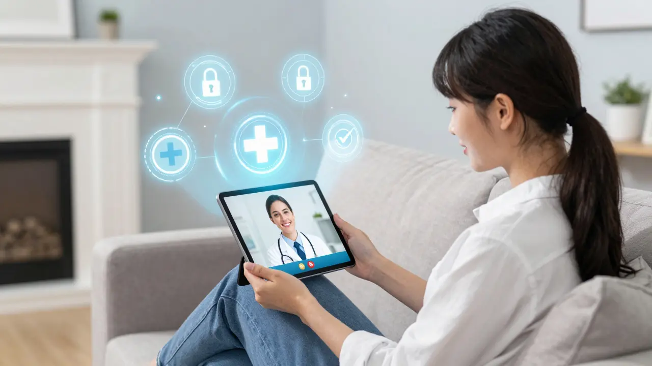 Woman consulting doctor on tablet with security icons floating