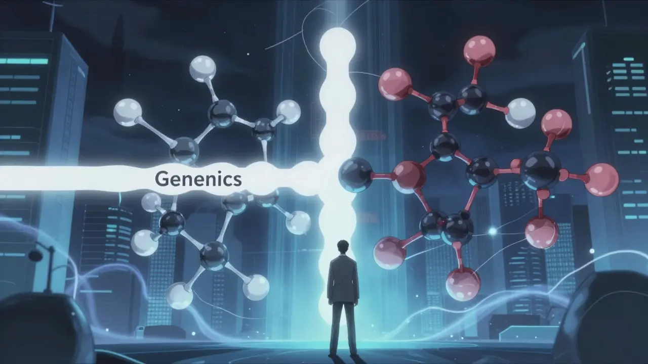 Abstract visualization of generic and biosimilar drug molecules