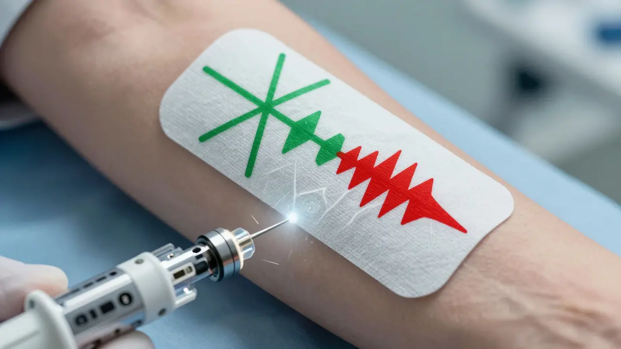 Close-up of a medical patch and auto-injector with abstract graphics of drug release rates.