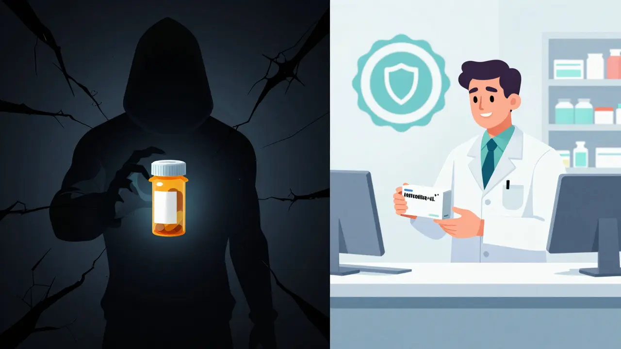 Contrast between unsafe scams and verified pharmacy