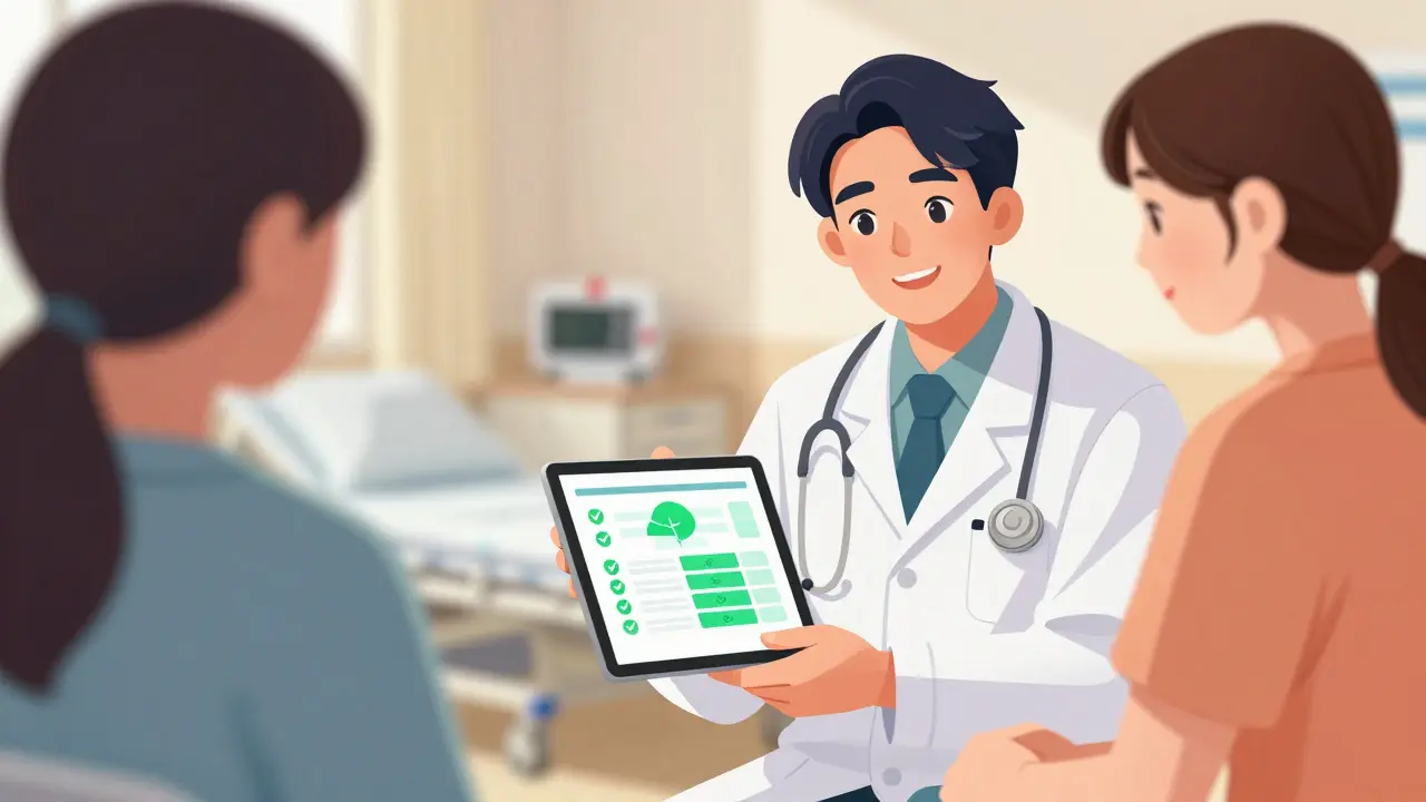 Doctor showing genetic test results to a relieved patient