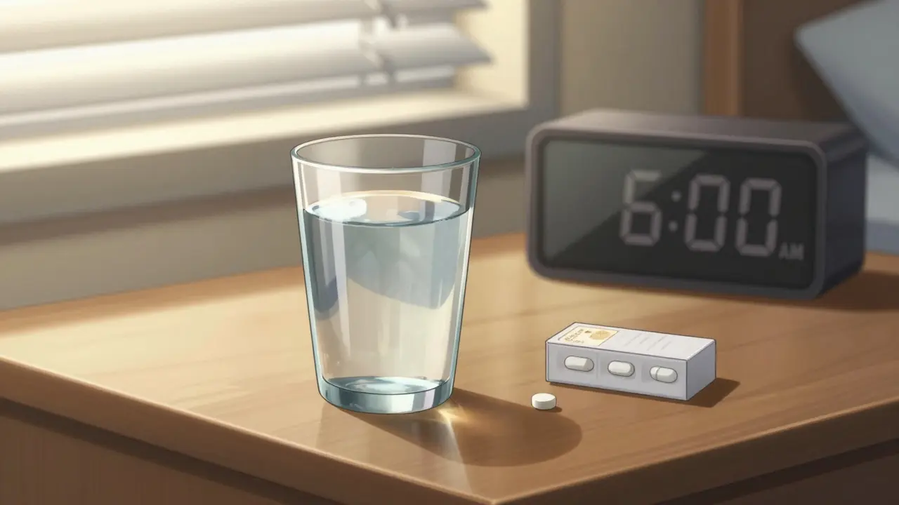 Glass of water and pillbox on bedside table in morning light