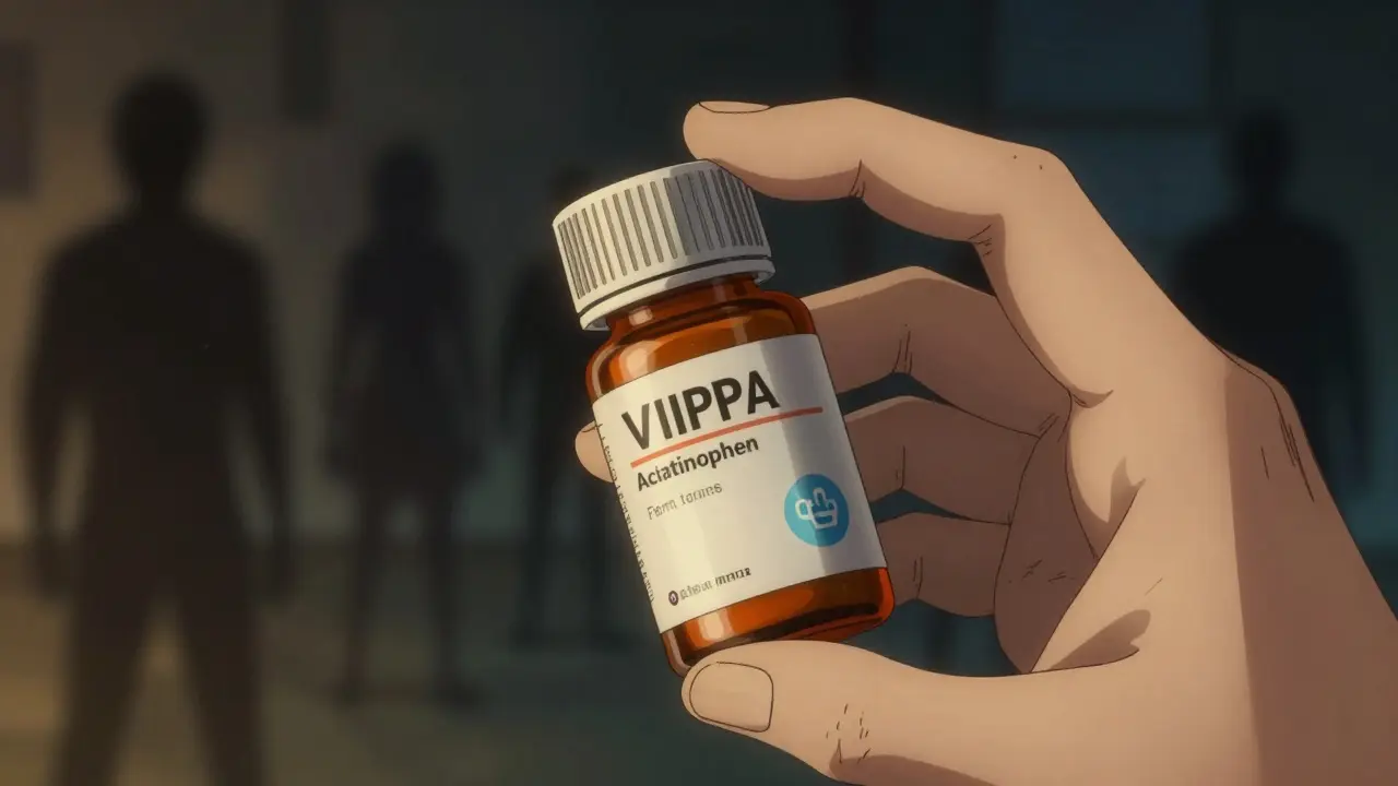 Hand checking medicine bottle for safety seals while avoiding scams