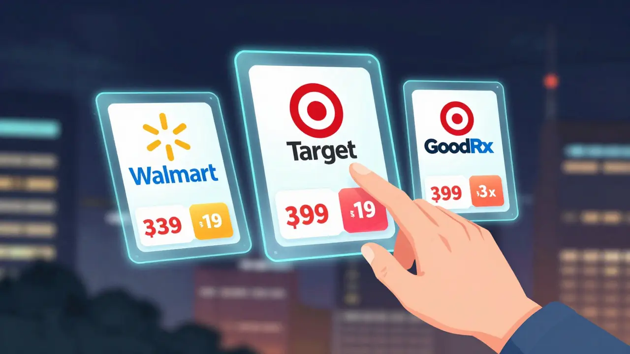 Holographic display comparing online pharmacy prices and discounts