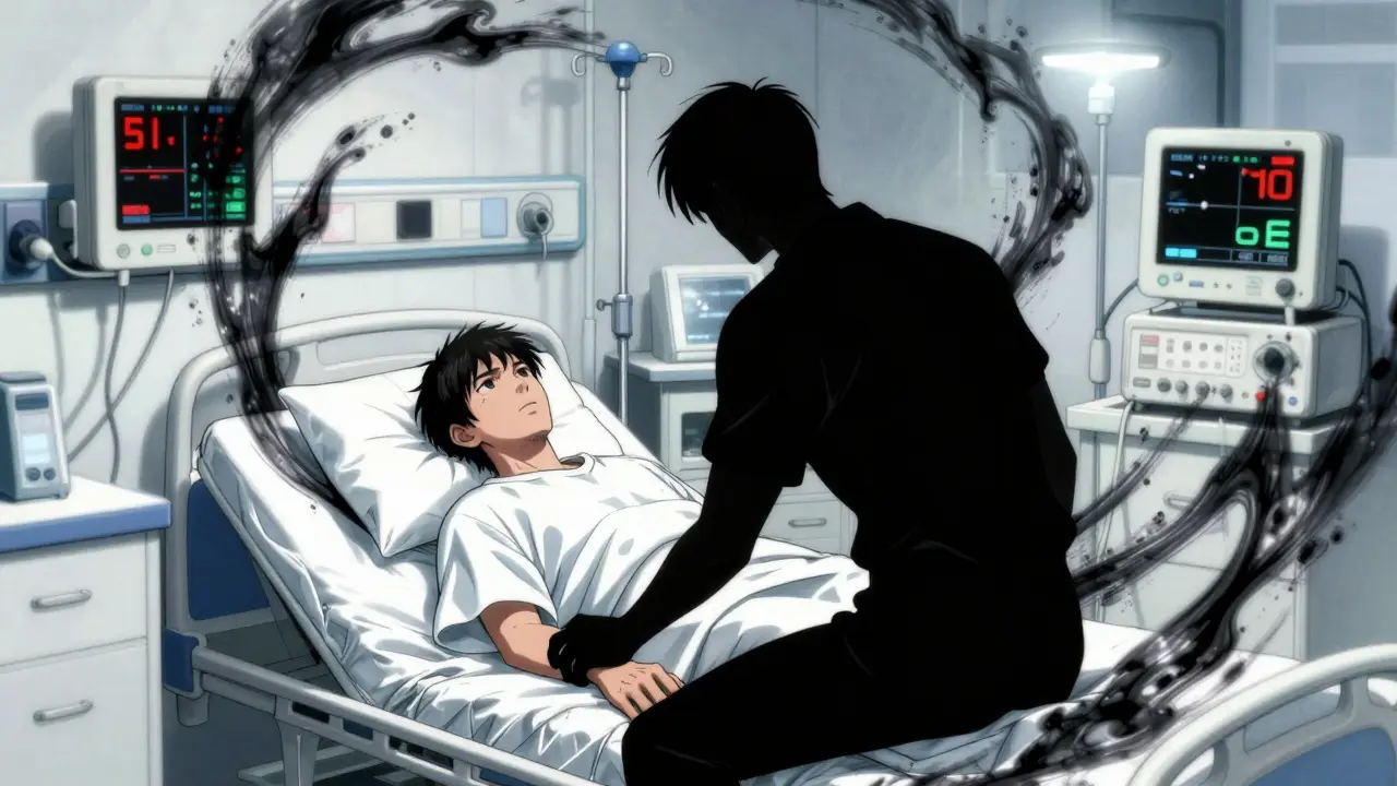 Manga art of a patient in medical emergency with dark atmosphere