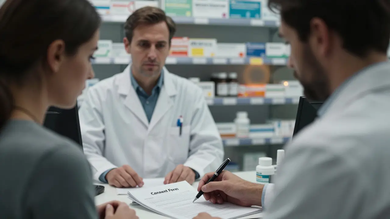 Patient and pharmacist discussing consent form in a pharmacy