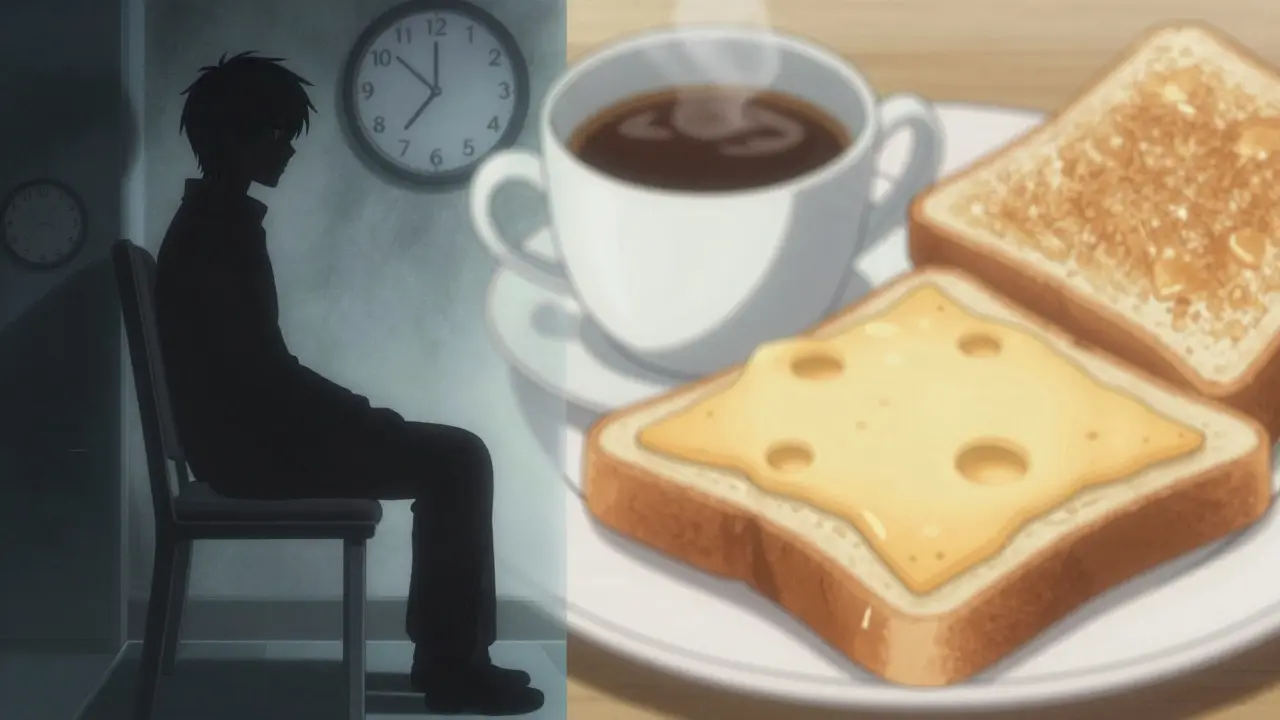 Person waiting upright while avoiding breakfast in anime style