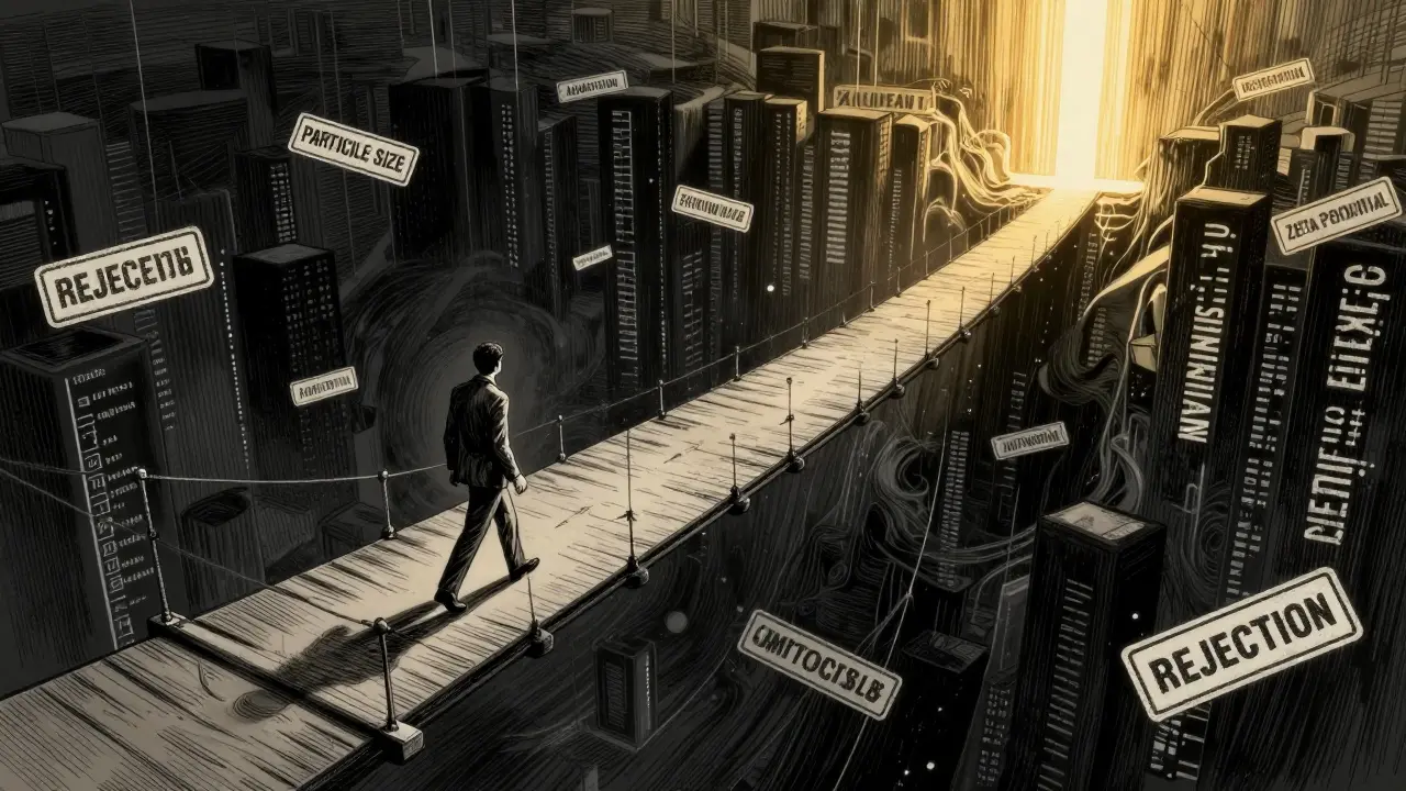 Person walking a narrow bridge of scientific metrics over a dark abyss toward a bright light.