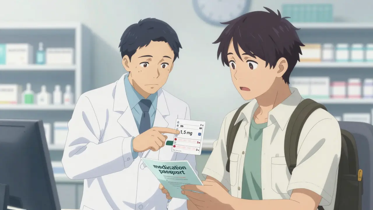 Pharmacist explaining dosage differences to a traveling patient