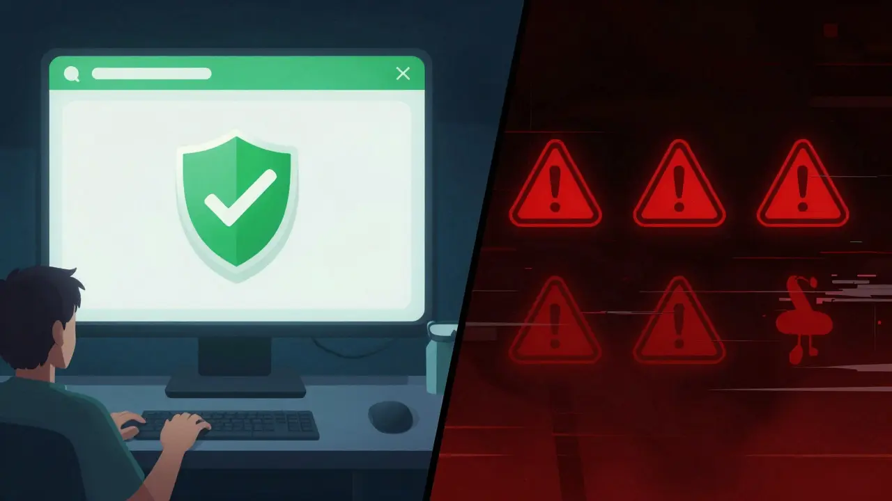Split screen comparing safe vs unsafe online pharmacies